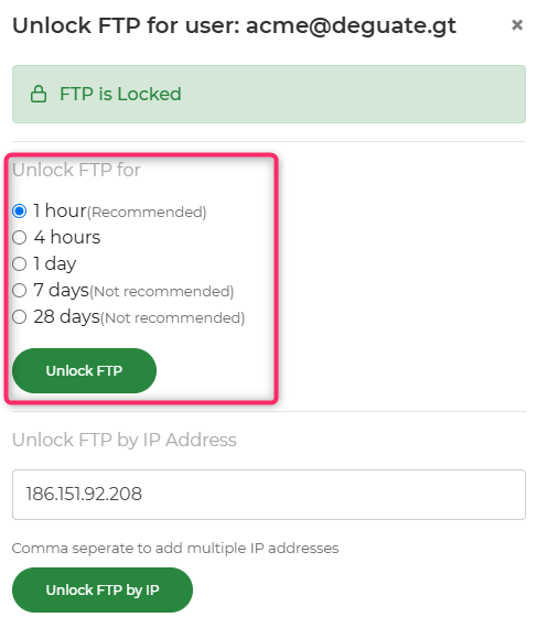 Activar FTP por tiempo definido